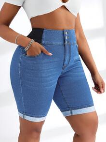 SHEIN SXY Quần short denim dáng ôm, cạp chun tương phản, cỡ lớn, phong cách thường ngày, mùa hè. - Rửa trung bình - Xem 4
