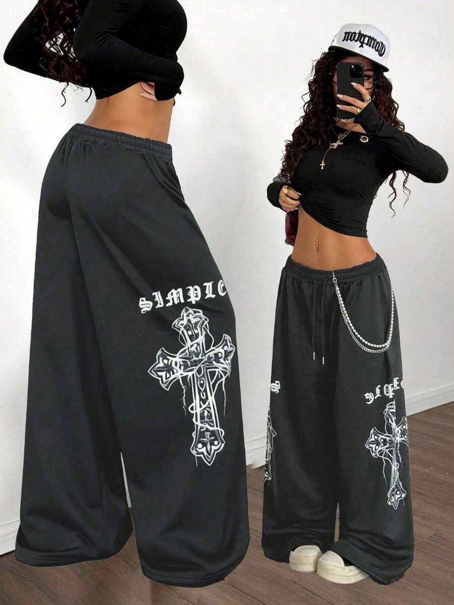 StreetHx 女士黑色朋克十字印花阔腿运动裤 - 深灰色 - 查看 1