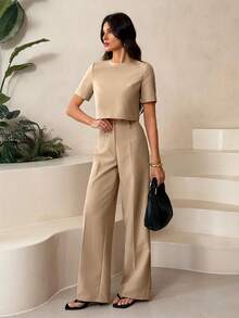 SHEIN Tall Áo croptop trơn và quần ống rộng dành cho nữ. - Màu be - Xem 6