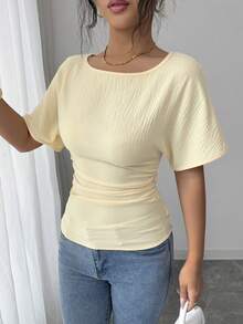 SHEIN Elenzya 女士优雅束腰系带露背设计T恤，夏季新品 - 淡黃色 - 查看 3
