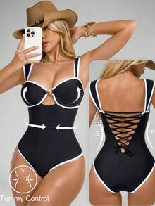 Shapewave 女士黑白海星印花连体泳衣，聚拢提臀，收腹提臀，交叉露背设计，适合海滩度假派对 - 黑與白 - 查看 3