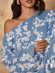 Rafferiza 女士亮片装饰不对称肩部长袖优雅衬衫 - 藍色 - 查看 5