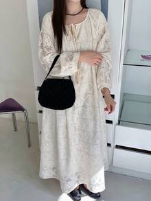 Dazy Plus Plus Size Solid Color Hollow Out Round Neck Long Sleeve Dress Maxi Dress Sundress Vacation Outfits Women - Apricot - View 5