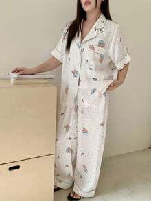 Dazy Plus Bộ đồ ngủ 2 món in hình hoạt hình dễ thương, áo tay ngắn dáng rộng và quần dài, thích hợp cho mùa xuân/thu. - Màu be - Xem 1