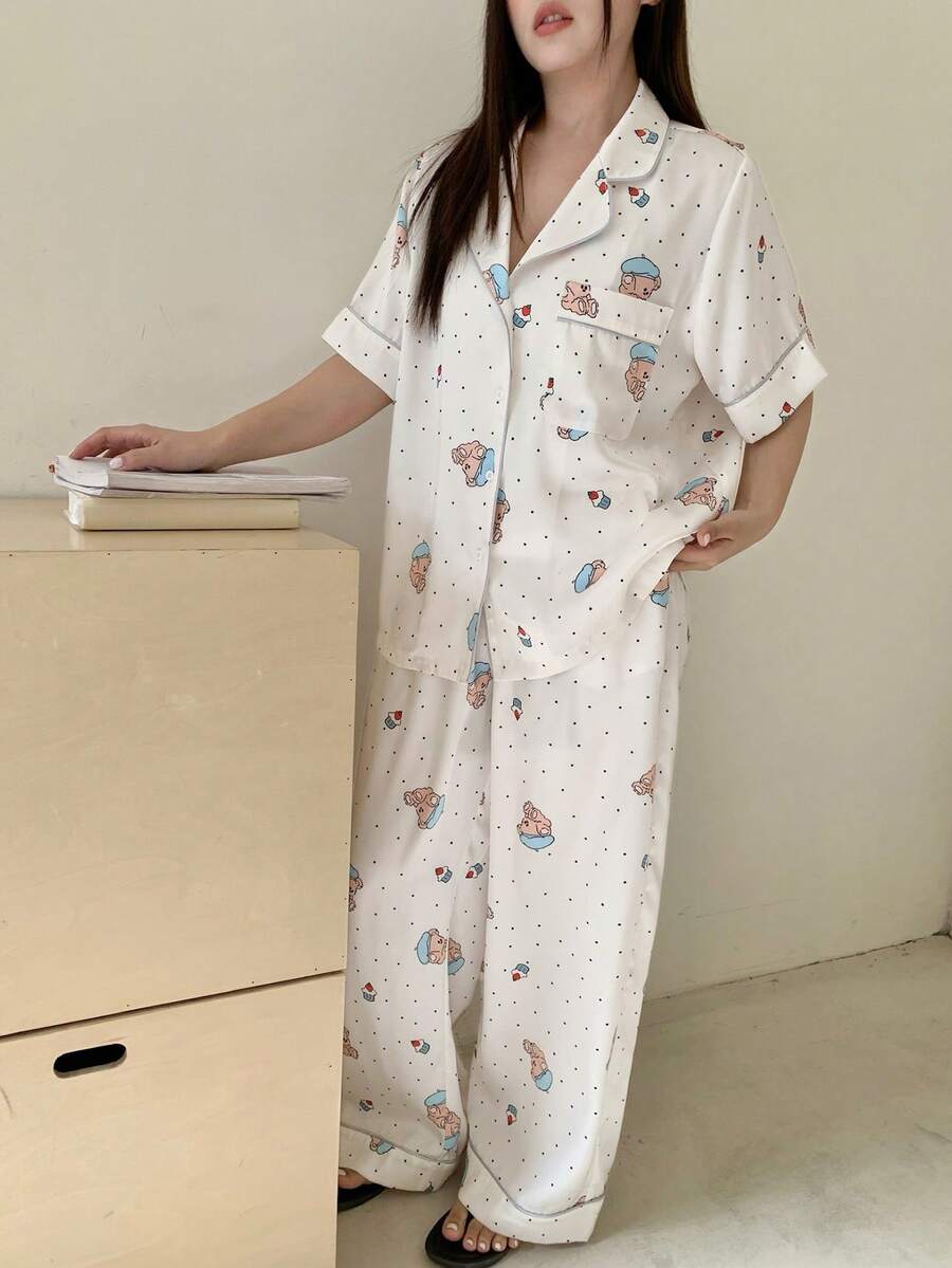 Dazy Plus Bộ đồ ngủ 2 món in hình hoạt hình dễ thương, áo tay ngắn dáng rộng và quần dài, thích hợp cho mùa xuân/thu. - Màu be - Xem 1