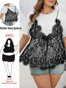 SHEIN CURVE+ 加大码/情人节/大码女式休闲优雅蕾丝拼接圆领短袖T恤，二合一上衣，情人节衬衫 - 黑與白 - 查看 1