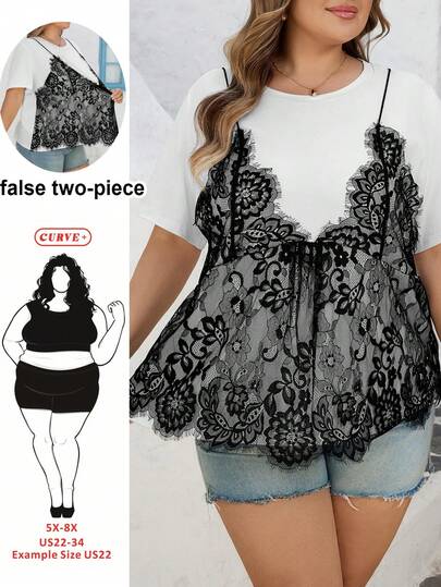 SHEIN CURVE+ Blusa de Día de San Valentín para Mujer Talla Grande, Casual y Elegante con Encaje y Parches, Cuello Redondo y Manga Corta, Blusa de 2 en 1 para Día de San Valentín