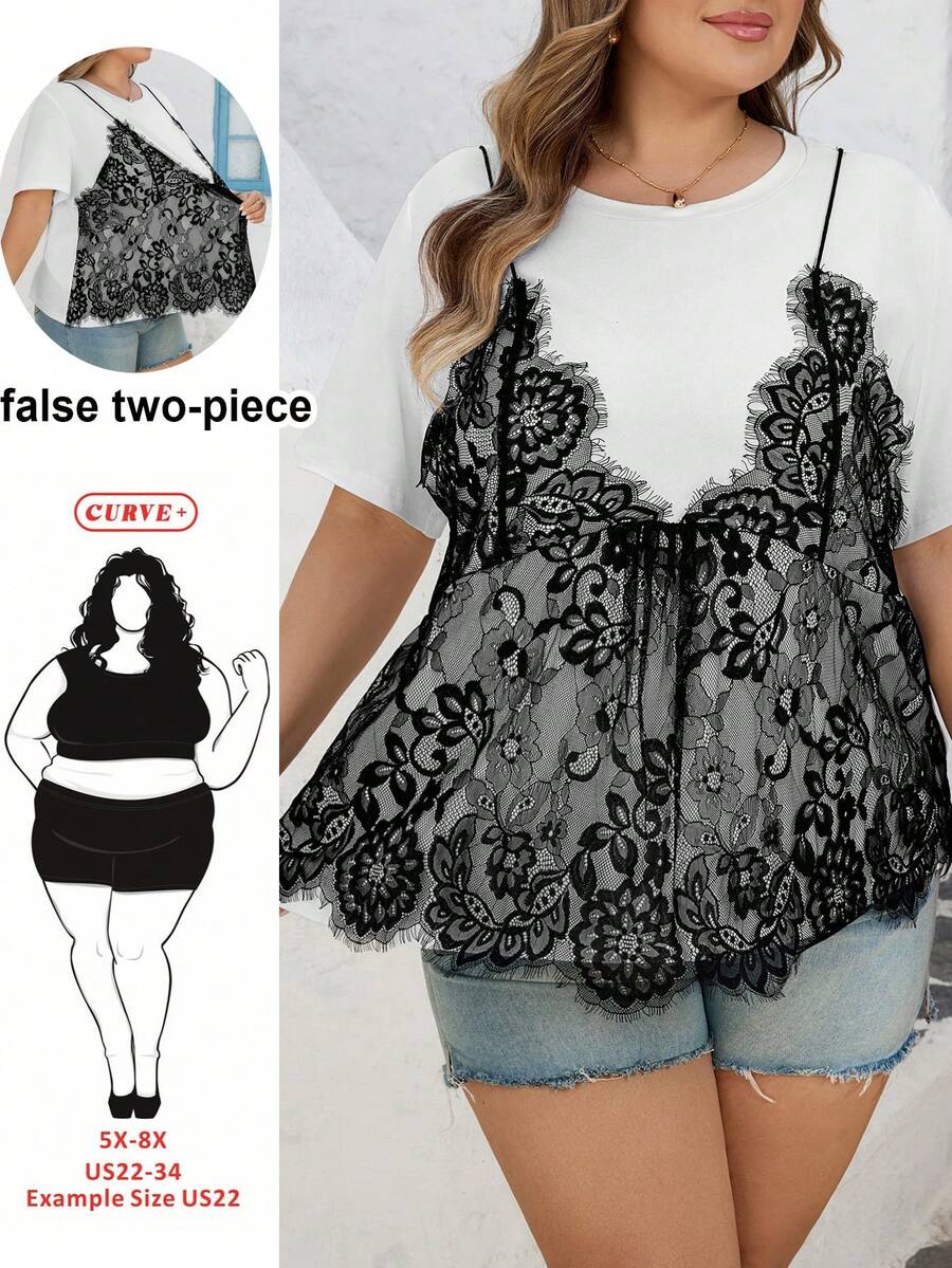 SHEIN CURVE+ 加大码/情人节/大码女式休闲优雅蕾丝拼接圆领短袖T恤，二合一上衣，情人节衬衫 - 黑與白 - 查看 1