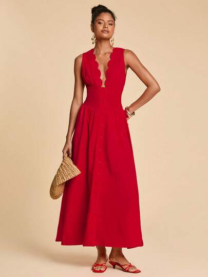 Travachic Solid Color Shell Trim Sleeveless Elegant Vacation Dress