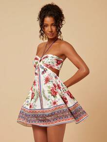 Travachic Sleeveless Halter Neck Hollow Out Tropical Print Vacation Dress - Multicolor - View 4
