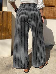 Dazy Plus Elastic Waist Casual Striped Loose Wide Leg Long Pants, All Season - Navy Blue - View 8
