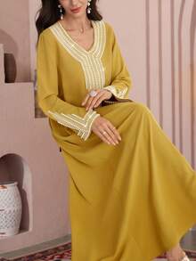 Al Najma Women's Loose Embroidered Beaded Robe For Ramadan - Mustard Yellow - View 4