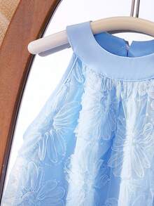 SHEIN Toddler Girls' Embroidered Mesh Flower Girl Wedding Party Princess Dress, Sleeveless Ruffle Halter Neck Dress With Crossbody Bag, Summer - Blue - View 7