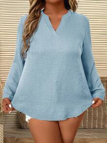 SHEIN LUNE 大码女式纯色V领长袖休闲宽松衬衫 - 淺藍色 - 查看 4