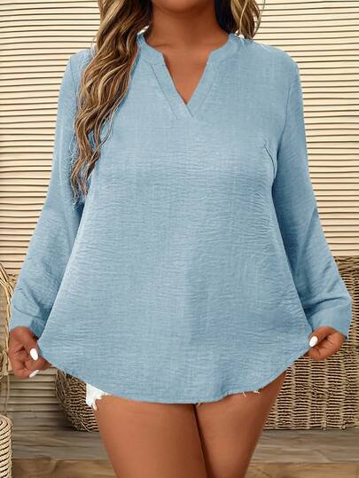 SHEIN LUNE Plusstorlek Damblus med enfärgad V-ringning och långärmad, avslappnad lös passform