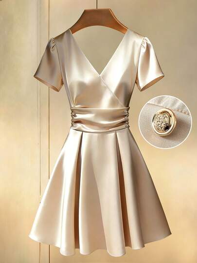 GlowEve CURVE 大码真丝裹腰V领优雅连衣裙，适合正式场合、约会、日常穿着、度假和通勤。