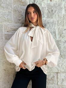 Aloruh 女士波西米亚浪漫优雅通勤雪纺深V领系带长袖衬衫，春季女装，情人节，外出上衣，优雅女式衬衫，白色上衣 - 米色 - 查看 4