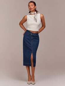 COSMINA Women's Asymmetric Slit Denim Pencil Skirt, Casual Elegant Office Commute Fashion High Waist Asymmetric Denim Skirt - Blue - View 5