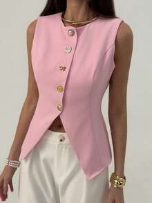 Aloruh 女士金属单排扣休闲薄款马甲外套 - 粉色 - 查看 1