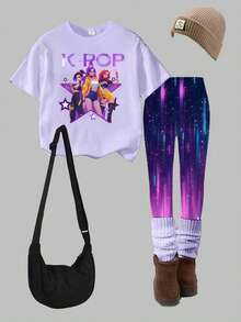 Bộ 2 món dành cho bé gái tuổi teen, phong cách thường ngày, sáng tạo, cá tính, tươi mới, sang trọng, tối giản, in hình ngôi sao năm cánh nhiều màu sắc, hiệu ứng ombre tím, chữ cái và khẩu hiệu. Áo thun và quần thoải mái, thích hợp mặc hàng ngày, mùa xuân, hè và thu. - Nhiều màu - Xem 3