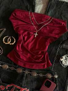 Glimmora 1件装女士露肩纯色极简短款上衣 - 酒紅色 - 查看 5