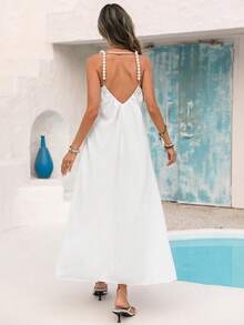 Vivid Eden Spring/Summer Casual Vacation V-Neck Pearl Strap Waist A-Line Loose Back Textured Fabric Dress - White - View 2