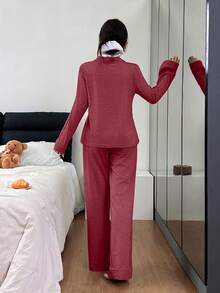 SHEIN 女士宽松舒适针织领长袖睡衣套装 - 紅色 - 查看 2