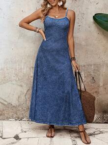 EMERY ROSE 女士纯色休闲百搭牛仔吊带裙 - 藍色 - 查看 5
