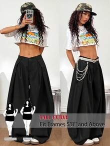 SHEIN Tall CURVE Quần ống rộng xếp ly màu trơn dáng rộng thoải mái dành cho nữ cỡ lớn - màu đen - Xem 1