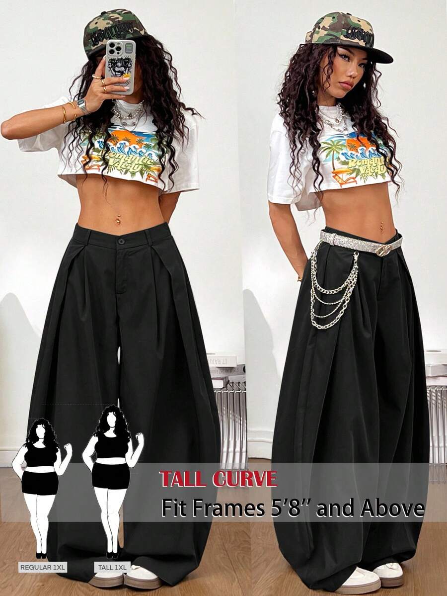 SHEIN Tall CURVE Quần ống rộng xếp ly màu trơn dáng rộng thoải mái dành cho nữ cỡ lớn - màu đen - Xem 1