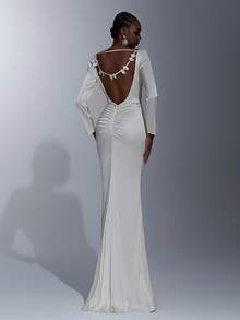 Elitara Elegant Minimalist Cream Satin Long Sleeve Pleated Front, Sexy Open Back Ruffle Trim Mermaid Hem Formal Gown, Evening Dress, Party Dress - Apricot - View 6