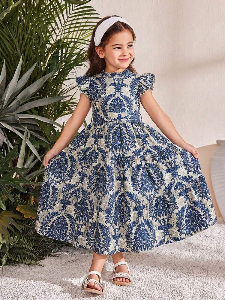 SHEIN Young Girl Ditsy Floral Sleeveless Ruffle Collar Chiffon Dress - Blue - View 3