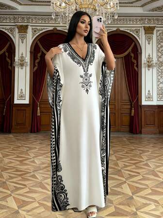 Rafferiza 女士优雅几何印花宽松圆领连衣裙，适合通勤、春夏穿着