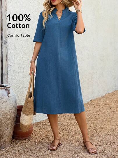 EMERY ROSE Women's Casual Solid Color Notched Neck Mid-Length Dress, Summer Casual Dresses For Women Holiday Dress Women's Summer Set Summer Outfits For Women Cotton Women's Clothing 100% Cotton