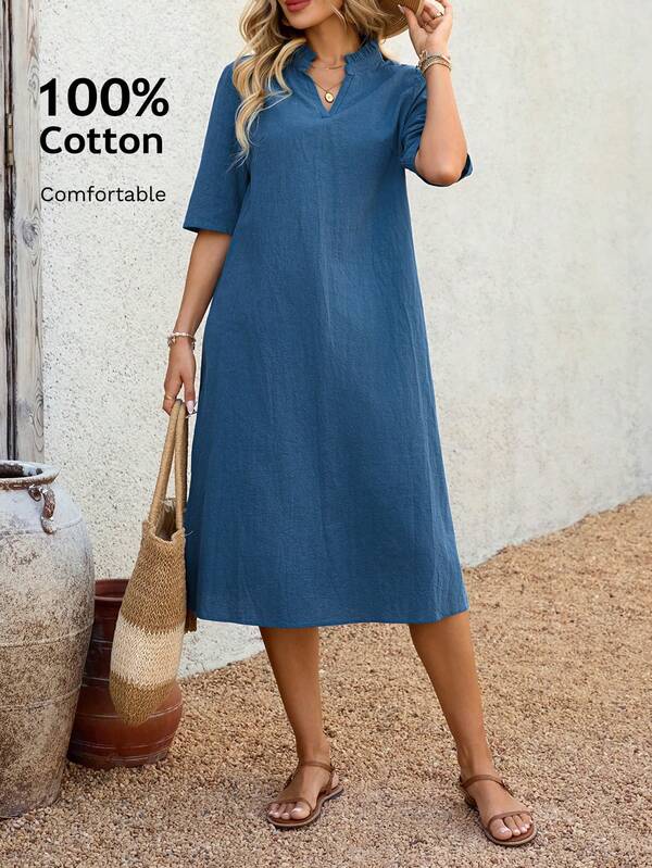 EMERY ROSE Women's Casual Solid Color Notched Neck Mid-Length Dress, Summer Casual Dresses For Women Holiday Dress Women's Summer Set Summer Outfits For Women Cotton Women's Clothing 100% Cotton