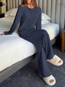 DAZY 2pcs Women Minimalist Fleece Knit Cardigan & Pants Pajama Set, Winter - Navy Blue - View 4