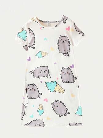 Tween Girls' Cute Cartoon Printed Short Sleeve Loose Sleep Dress, Homewear