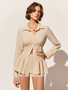 Poéselle 女士休闲日常通勤简约纯色纹理面料长袖衬衫短裤套装，春夏秋季 - 杏色 - 查看 6