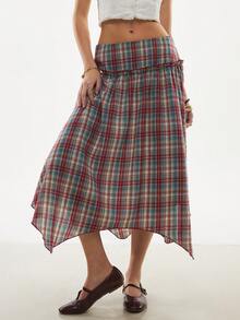 Poéselle Women's Asymmetrical Hem Plaid A-Line Cotton Skirt, Collegiate Style From Spring To Summer Outfits    Summer Holiday Outfits   Asymmetric Hem Midi Skirt - Multicolor - View 2