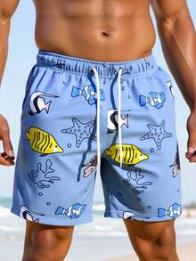 Manfinity Swimmode 男士松紧腰抽绳休闲海星热带鱼印花沙滩短裤 - 彩色 - 查看 3