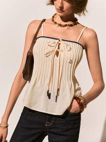 Poéselle Women's Casual Vacation Style Everyday Commute Contrast Trim Knot Front Pleated Camisole,Bow Tie Woven Camisole Top For Women, Spaghetti Strap Pleated Summer Shirt, Lightweight Casual Cami With Contrast Trim,Summer Top,French-Style  Top - Apricot - View 5