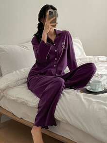 DAZY 2pcs Women Bear Graphic Loose Cardigan Long Sleeve & Pants Pajama Set, Autumn - Purple - View 6