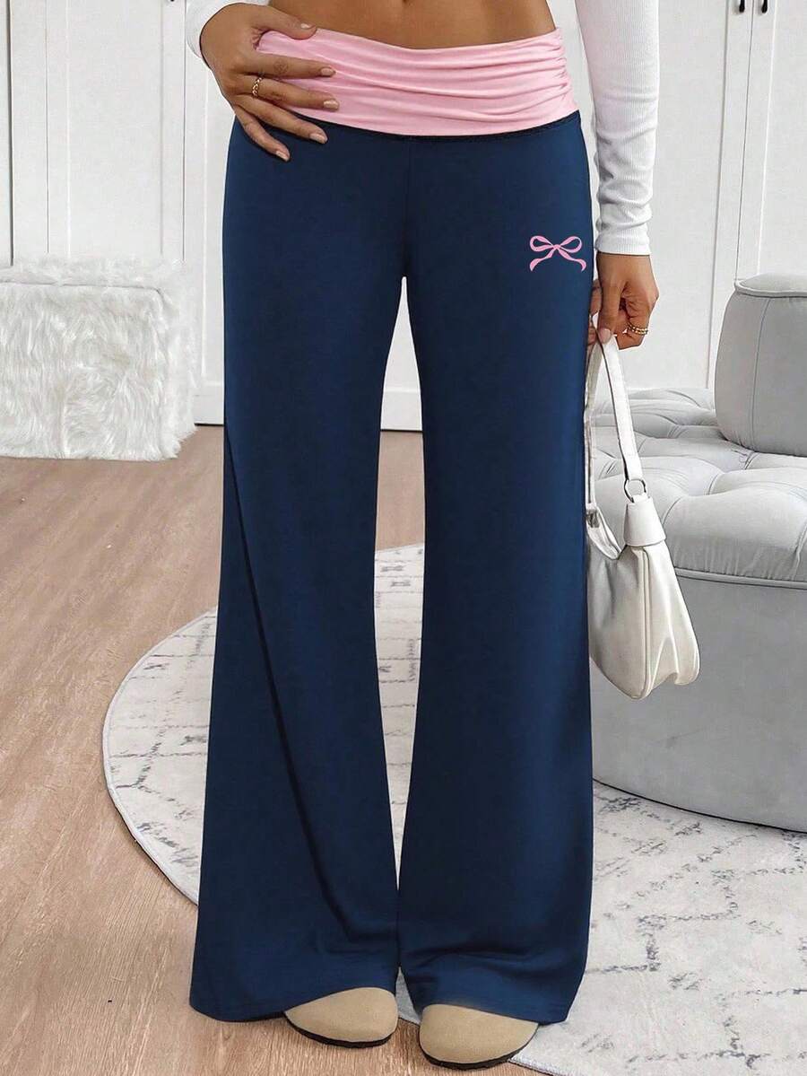 少女款海军蓝粉色拼接针织宽腰宽松长裤，舒适休闲百搭，居家户外皆宜 - 藏蓝色 - 查看 1