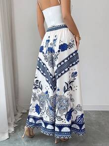 SHEIN Elenzya Falda holgada de línea A con cintura de cordón, estampado de porcelana azul y blanco, estilo de vacaciones - Azul y blanco - Ver 2