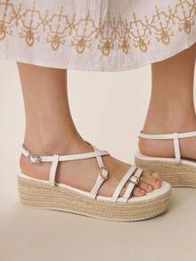 Styleloop 女士编织绳坡跟凉鞋，度假风波西米亚复古美式西部音乐节派对装扮 - 米白色 - 查看 2