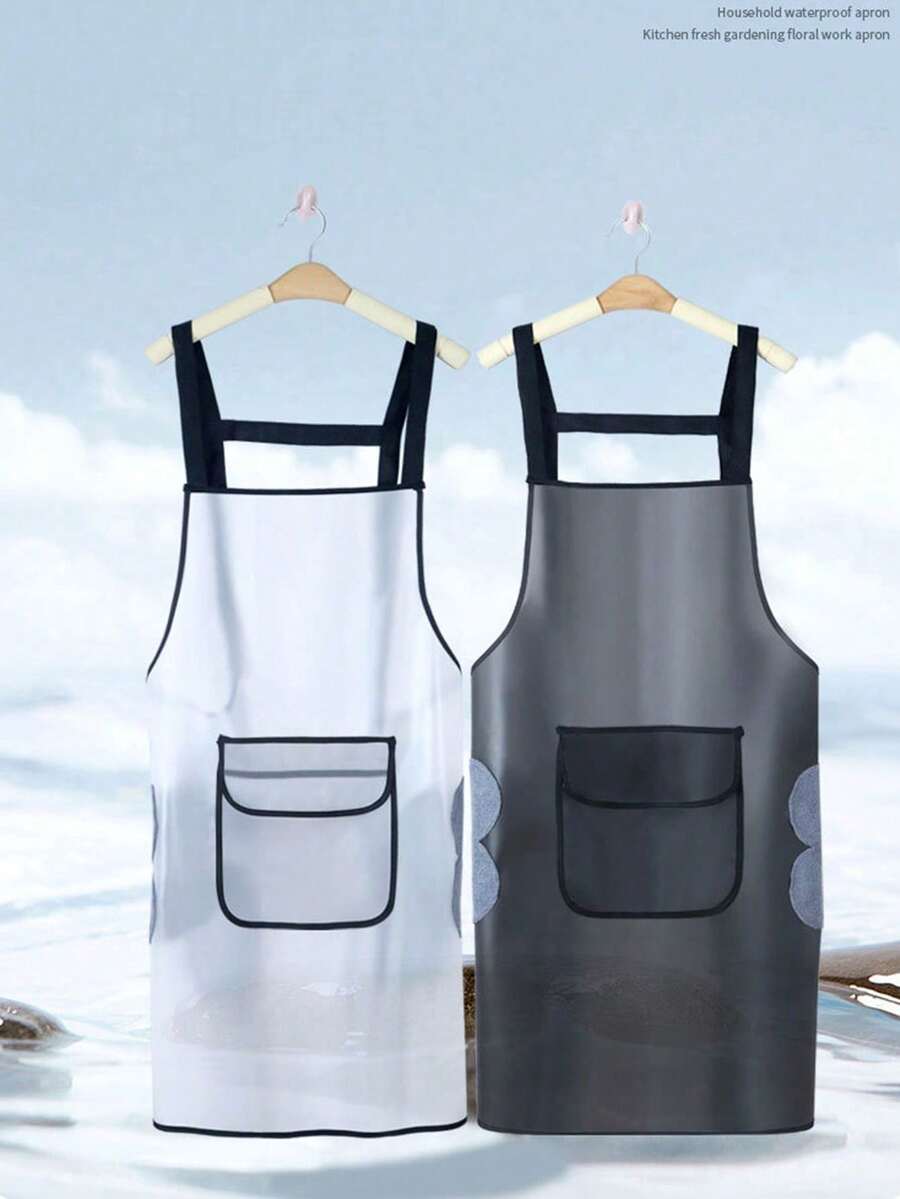1 pieza Delantal impermeable y resistente al aceite de TPU para cocina, peluquería, transparente, con bolsillos, ropa de trabajo, fácil de limpiar, de moda - multicolor - Ver 1