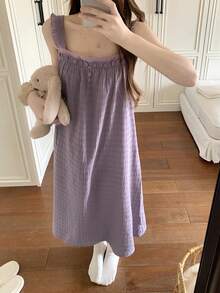 DAZY 条纹纹理雪纺面料荷叶边无袖宽肩带中长连衣裙，女士家居服 - 紫色 - 查看 10