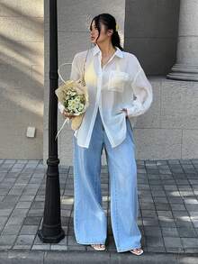 GalTyme 大码女式纯色落肩长袖单排扣休闲衬衫 - 白色 - 查看 4
