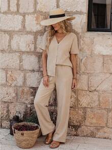 EMERY ROSE 女士夏季休闲纯色V领蝙蝠袖纽扣前上衣和宽松阔腿裤两件套 套装 夏季两件套裤子套装 女士夏季两件套 女士休闲套装 套装 2件套 女士配套套装 女士套装 2件套 - 杏色 - 查看 4