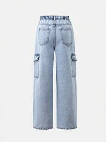 SHEIN Teen Girl Denim Cargo Wide Leg Jeans, Sweet & Cool Street Fashion Casual College Style Vacation Recommendation, Pink Heart And English Print Cute Sweet, Side Pockets Design Street Cargo, Elastic Waistband Comfortable, Loose Fit Flattering, Button Front Closure Convenient, Suitable For Home, Daily Wear, Date, Shopping - Light Wash - View 2